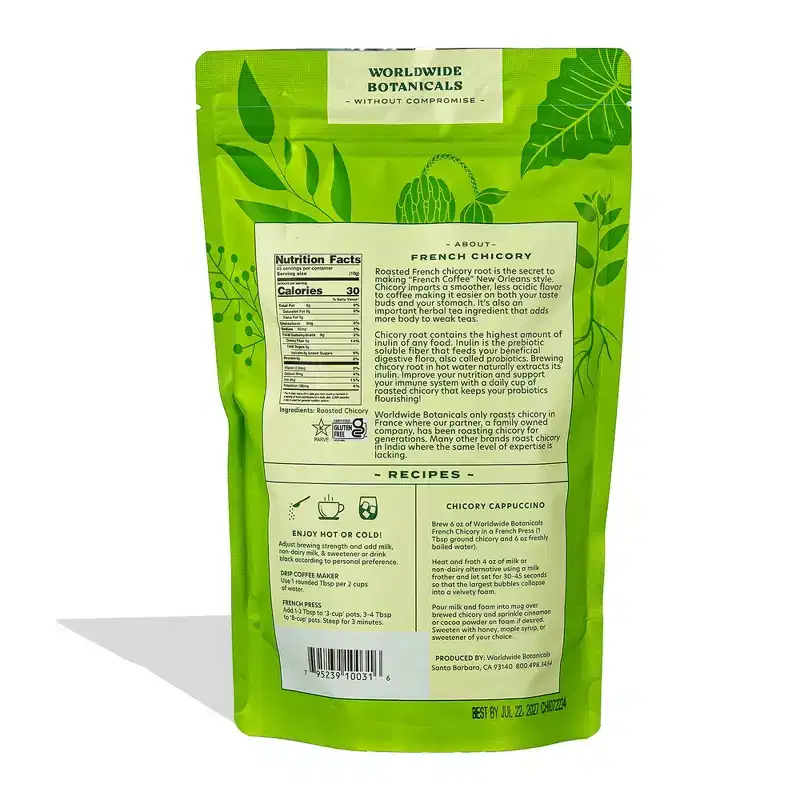 Worldwide Botanicals French Chicory Root, 1 Pound Ground, Brew Like Coffee, Blend Roasted Chicory Root With Coffee, 1 lb
