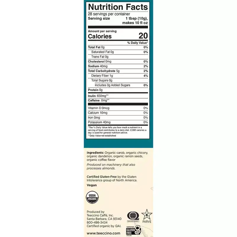 Teeccino Dandelion Dark Roast Herbal Coffee - 10 oz - Caffeine-Free Coffee Alternative with Prebiotics, Gluten Free, Acid Free, Organic