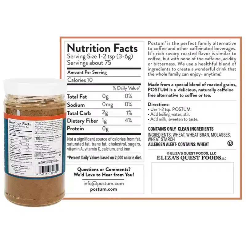 Postum Original Coffee Substitute, Caffeine-Free, Made with Roasted Wheat Bran & Molasses, Kosher, Vegan, Non-GMO, Healthy Coffee Alternative - 8 oz