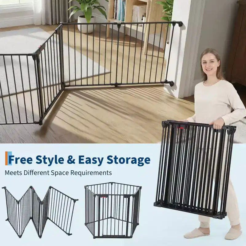 Metal Baby & Pet Safety Gate, Collapsible Freestanding Barrier with Walk-Through Door, Adjustable Playpen for Stairs, Doors, Fireplace