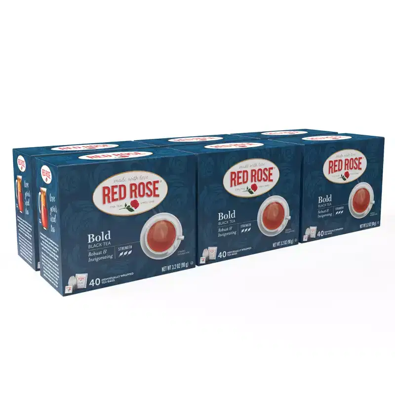Red Rose Bold Black Tea Specially Blended Strong Black Tea with 40 Individually Wrapped Tea Bags Per Box (Pack of 6)